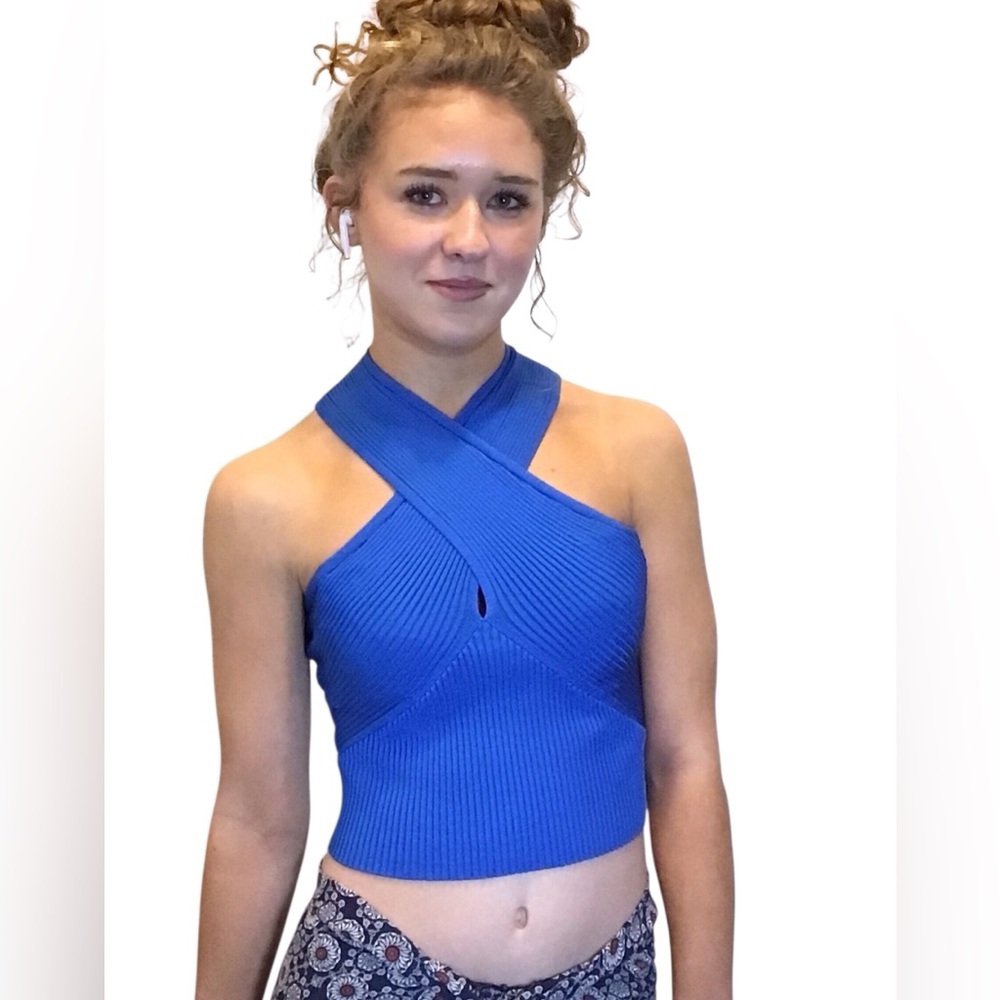 Day + Moon Blue Ribbed Crossover Halter Knit Top Size Medium Cutout Crop